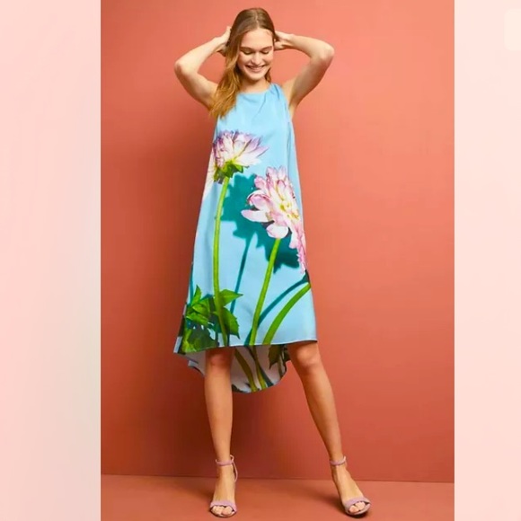 Anthropologie New Asymmetrical Silk Dress Blue 4. - Picture 1 of 15